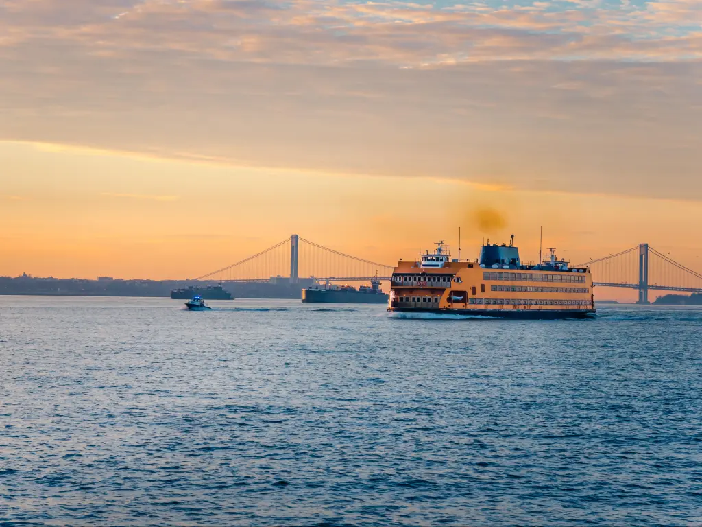 Staten Island Ferry at Dawn in Winter, with Manhattan skyline in the background