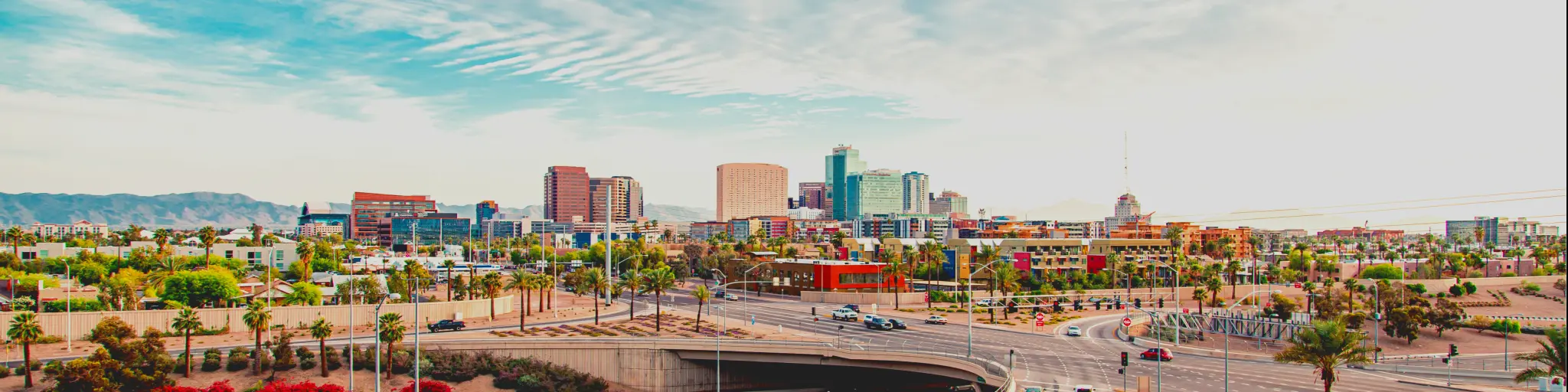 A scenic view of the cars driving along the intersecting highway with palm trees and bushes planted along the road with a picture of the skyscrapers of Phoenix in a fine day with a thin sheet of clouds covering the blue sky