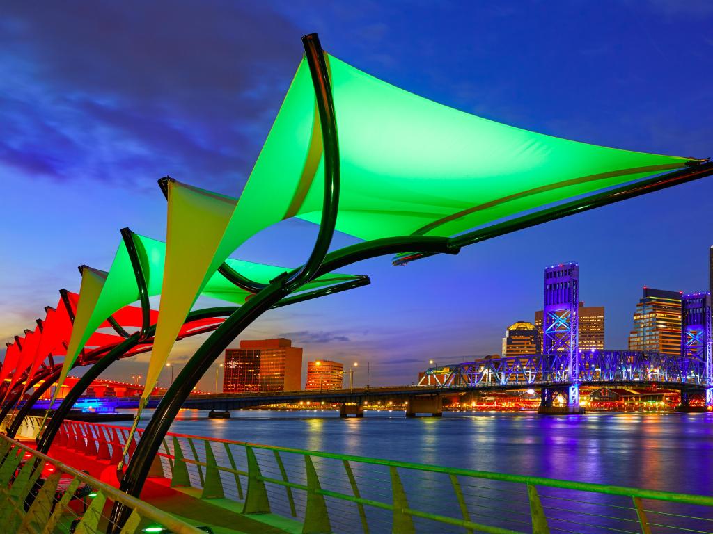 Jacksonville skyline sunset river reflection in Florida USA