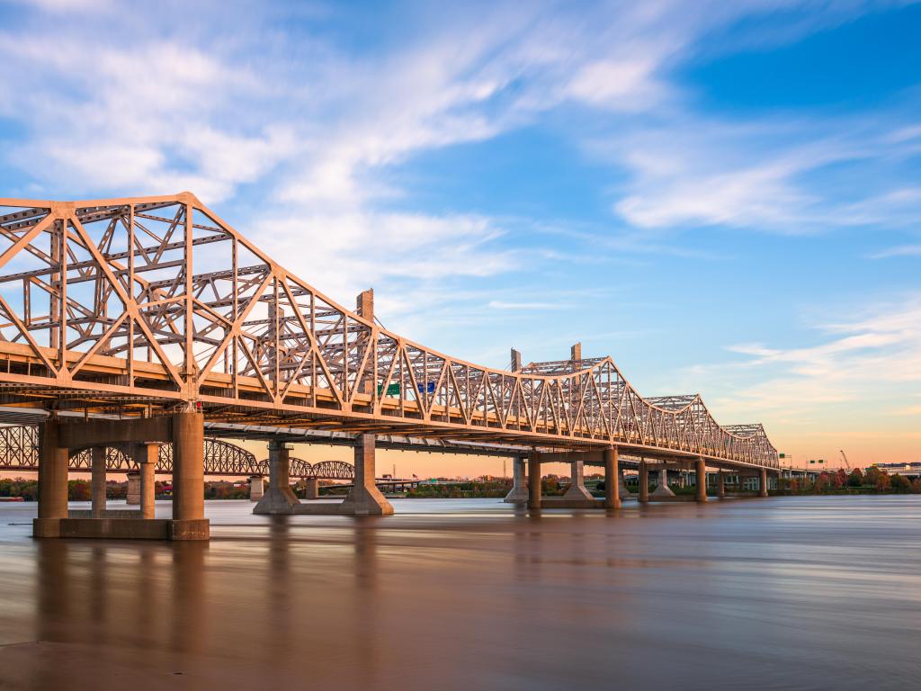 Louisville, Kentucky, USA with John F. Kennedy Memorial Bridge spanning the Ohio River at dusk.