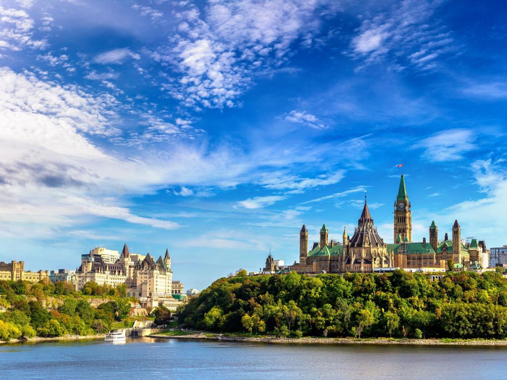 Parliament building on a river cliff with green trees and blue sky