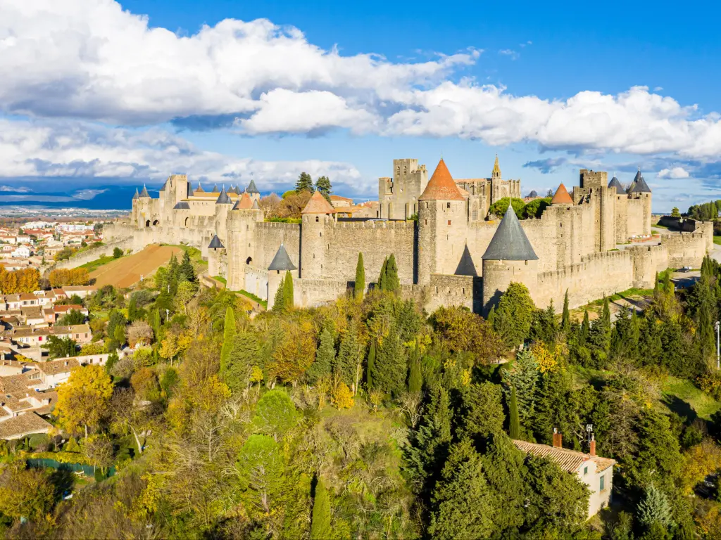 Aerial view of Cité de Carcassonne, a medieval hill-top citadel in the French city of Carcassonne, Aude, Occitanie, France