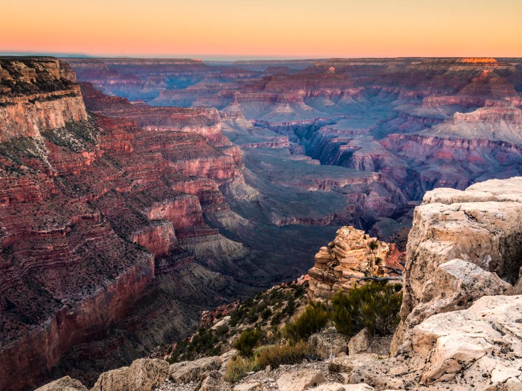 Dramatic landscape photo of the Grand Canyon National Park in Arizona, USA. The photo is taken during sunset.