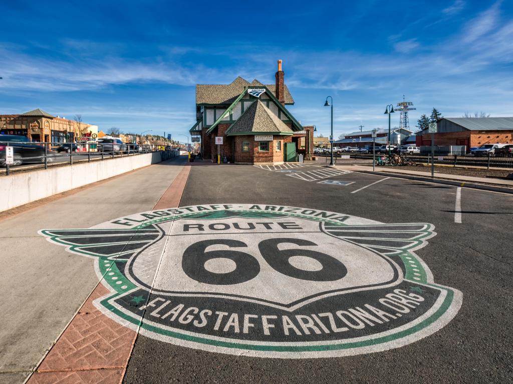 Historic train station in Flagstaff. It is located on Route 66 and is formerly known as Atchison, Topeka and Santa Fe Railway depot.