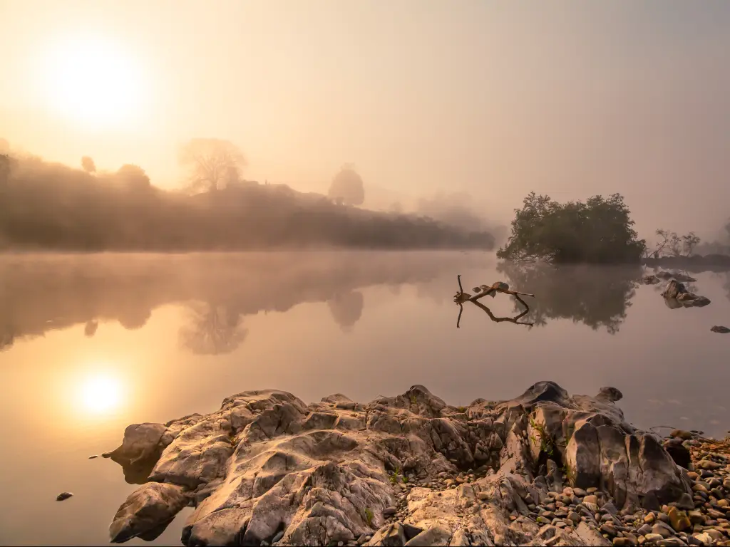 Sunrise cutting through the mist along the Nymboida River in New South Wales, Australia.