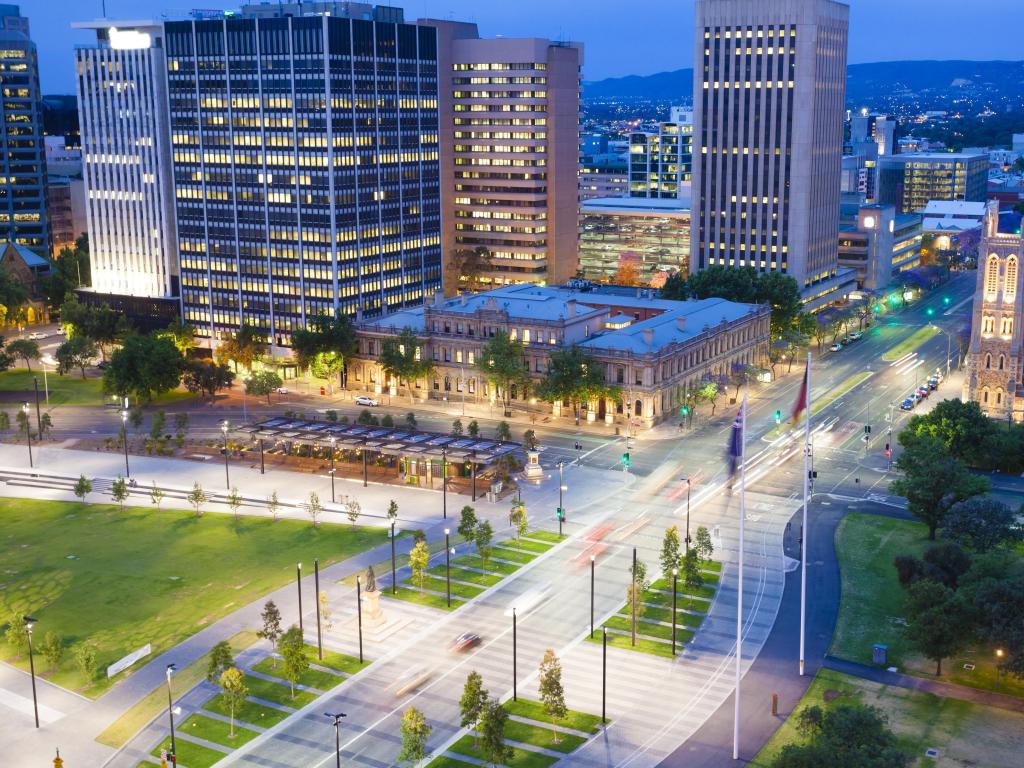 Adelaide, South Australia wit a view of downtown area in Adelaide, South Australia, at twilight.