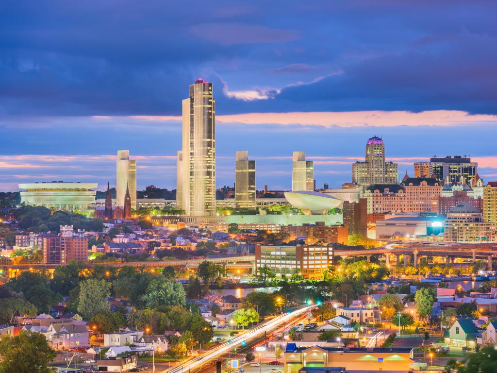 Albany, New York, USA downtown city skyline at dusk.