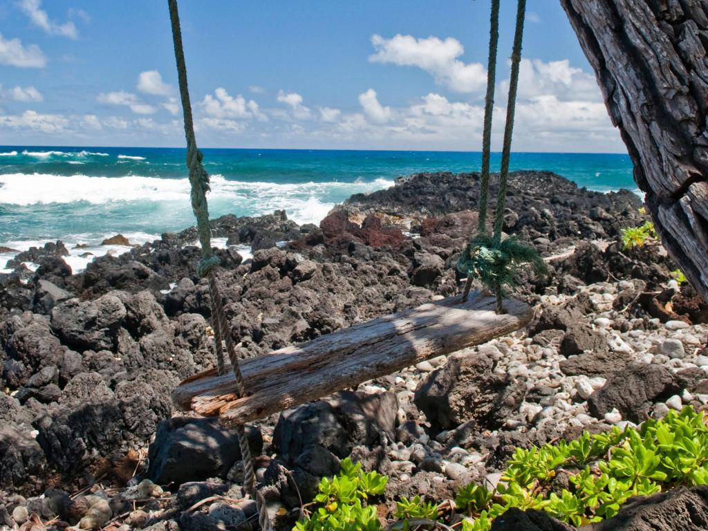 Image of beach swing on the shoreline overlooking turquoise waters, Hamoa, Hawaii