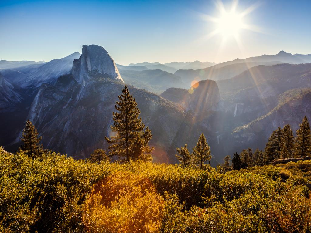 View of the sunrise at Glacier Point overlook on the trail in Yosemite