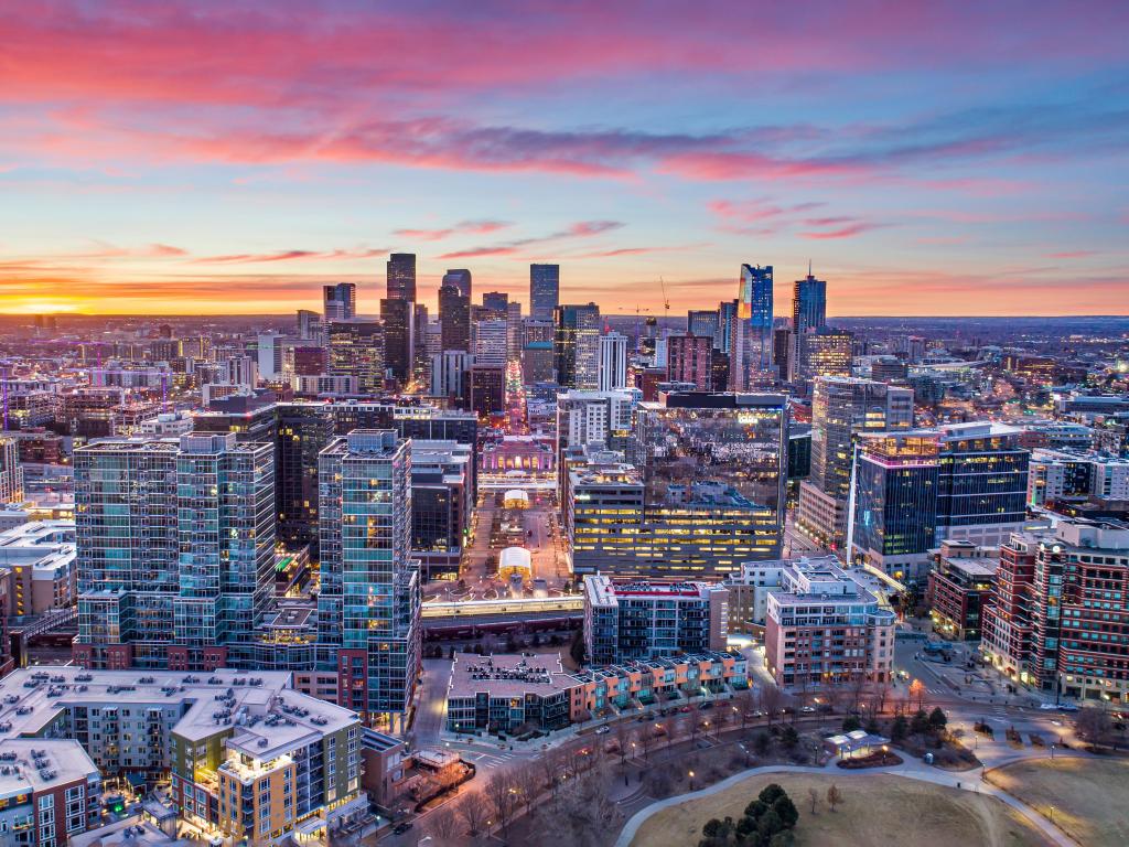 Denver, Colorado, USA Drone Aerial Skyline during a colorful sunset.