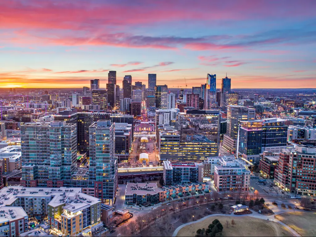 Denver, Colorado, USA Drone Aerial Skyline during a colorful sunset.