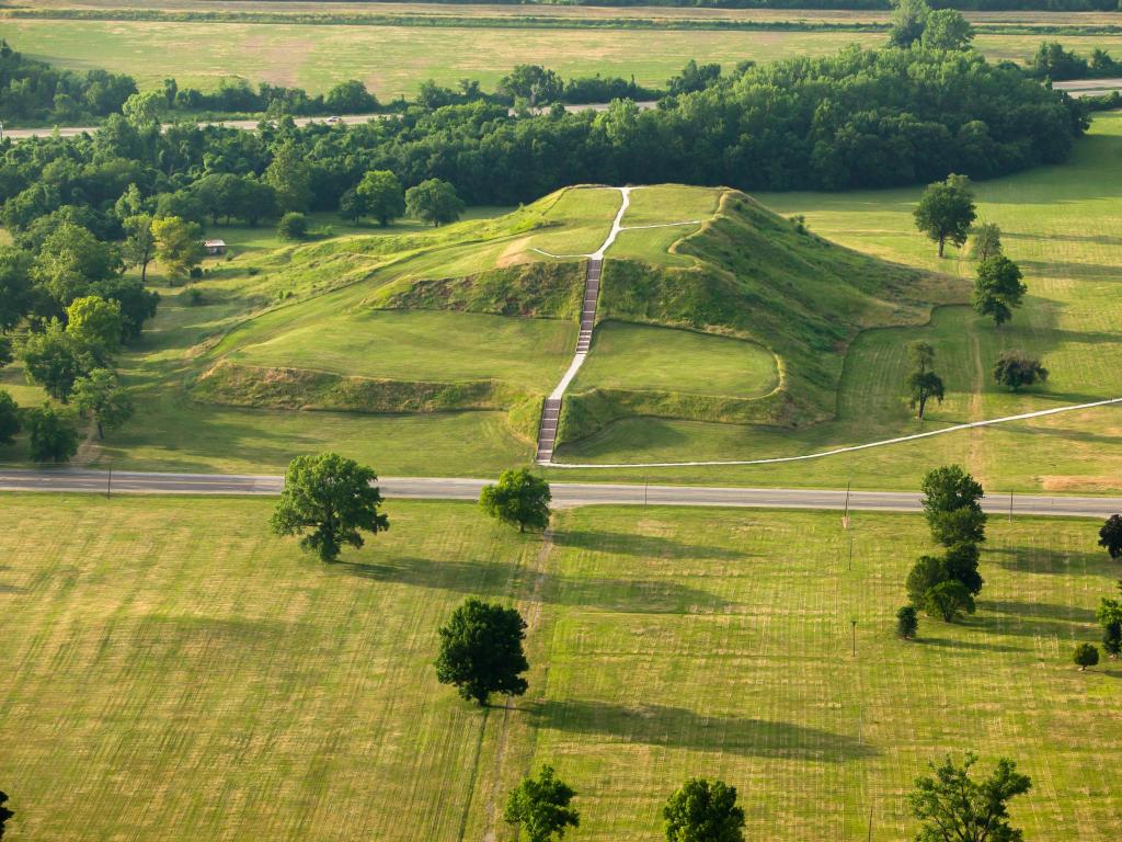Aerial view of ancient Native American burial mound Cahokia Mounds, Illinois, USA.
