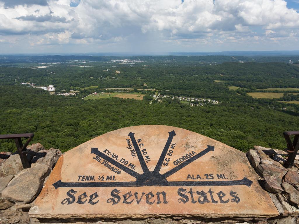 Seven States Stone at Rock City viewpoint atop of iconic Lookout Mountain, Georgia. The city of Chattanooga Tennessee is nearby.