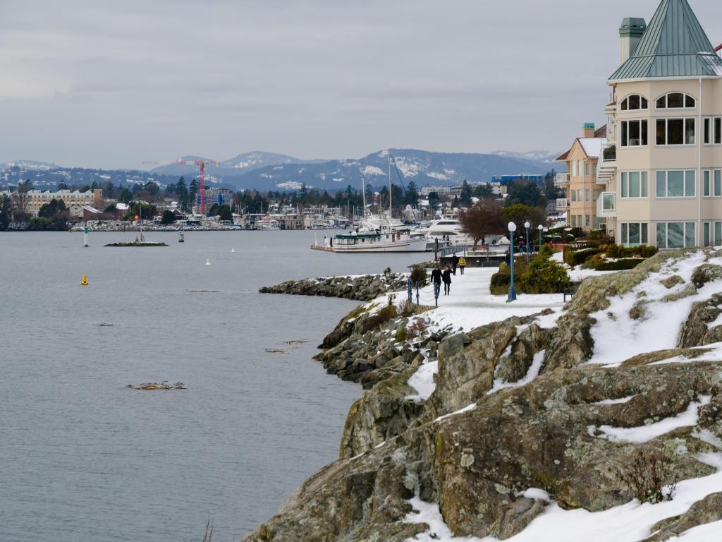 Victoria BC under a blanket of fresh white snow on a grey day
