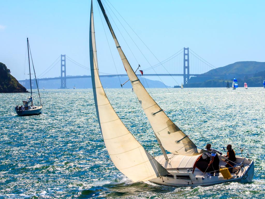 Sailing boats in San Francisco Bay between Angel Island and Tiburon