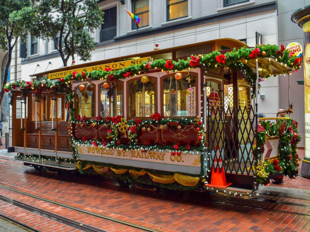 A cable car, decorated for Christmas 