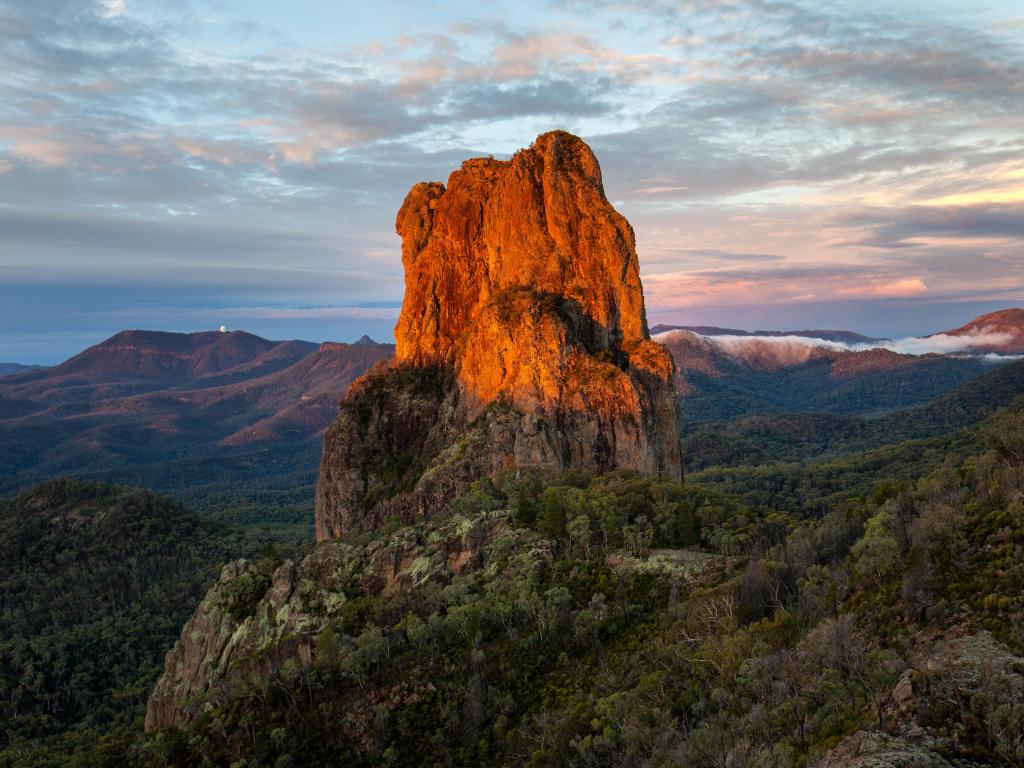 Sunset on Belougery Spire, a majestic rock formation in the national park