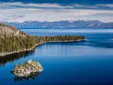 View of Lake Tahoe from near Emerald Bay, California, USA, including Fannette Island, in the end of the winter of 2018, covered with a very shallow layer of snow.
