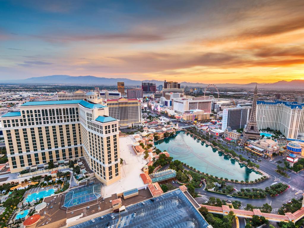 Las Vegas, Nevada, USA with the city skyline over the strip at dusk.