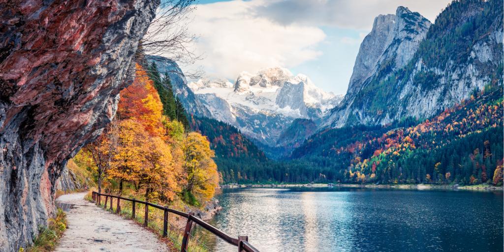 Peaceful autumn scene of Vorderer ( Gosausee ) lake in the Austrian Alps