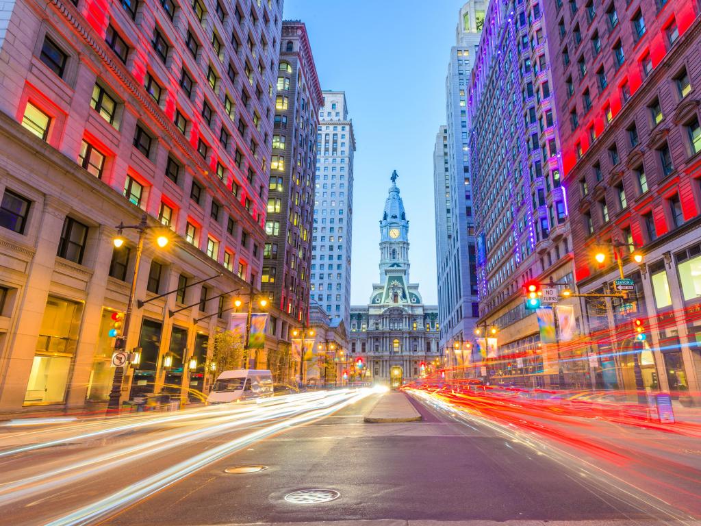 Philadelphia, Pennsylvania, USA downtown at city hall during evening rush hour.