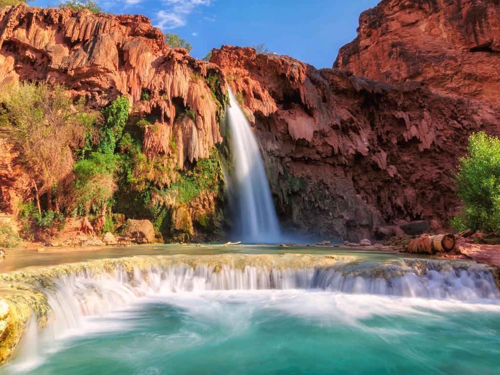 Havasu Falls, waterfalls in the Grand Canyon, Arizona on a sunny day.