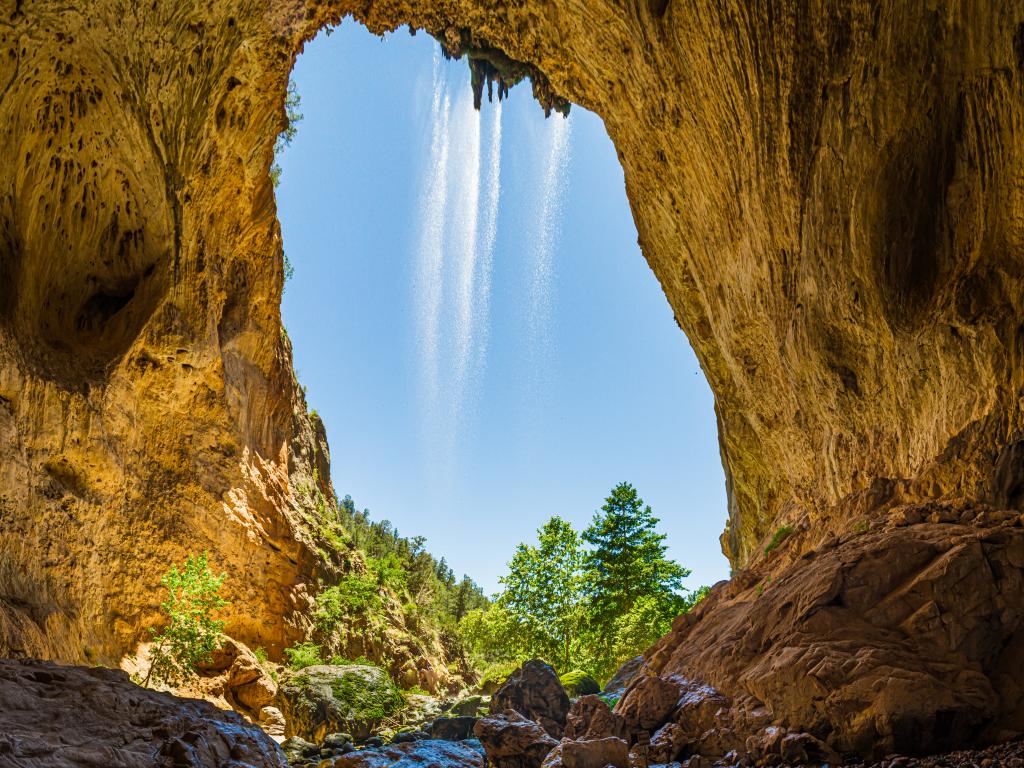 View from behind the waterfall at the Tonto Natural Bridge near Payson, Arizona.