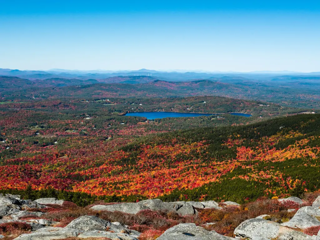 Fall foliage seen from top of Mount Monadnock, with panoramic views of the landscape below