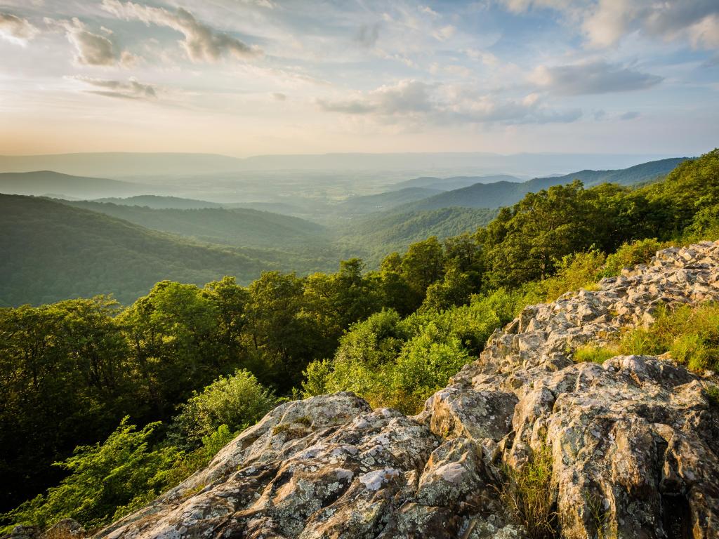 View on the Skyline Drive on a summer evening view of the Shenandoah Valley from Franklin Cliffs Overlook