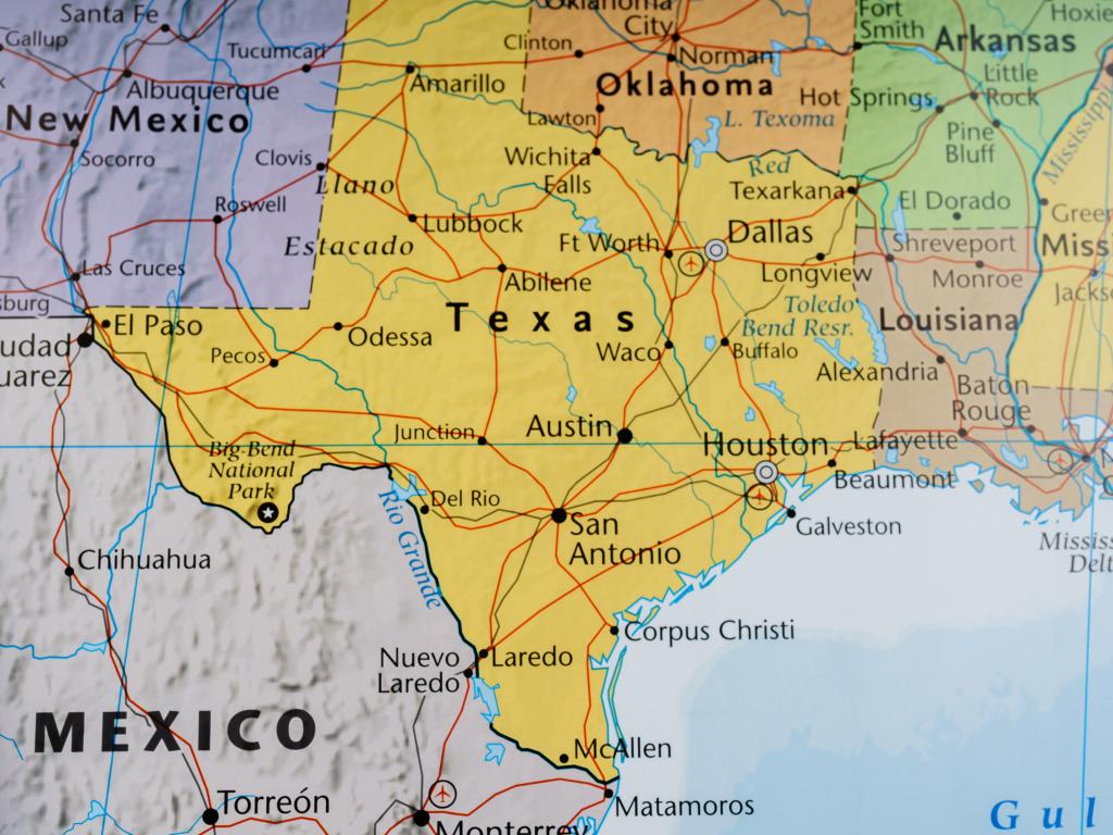 Map of Texas showing the Gulf of Mexico coastline and position relative to neighbor states