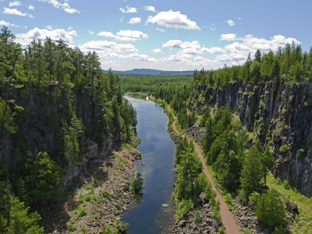 Thunder bay, Canada with a view of a canyon near Thunder Bay, north of Superior Lake taken on a sunny day with trees surrounding. 