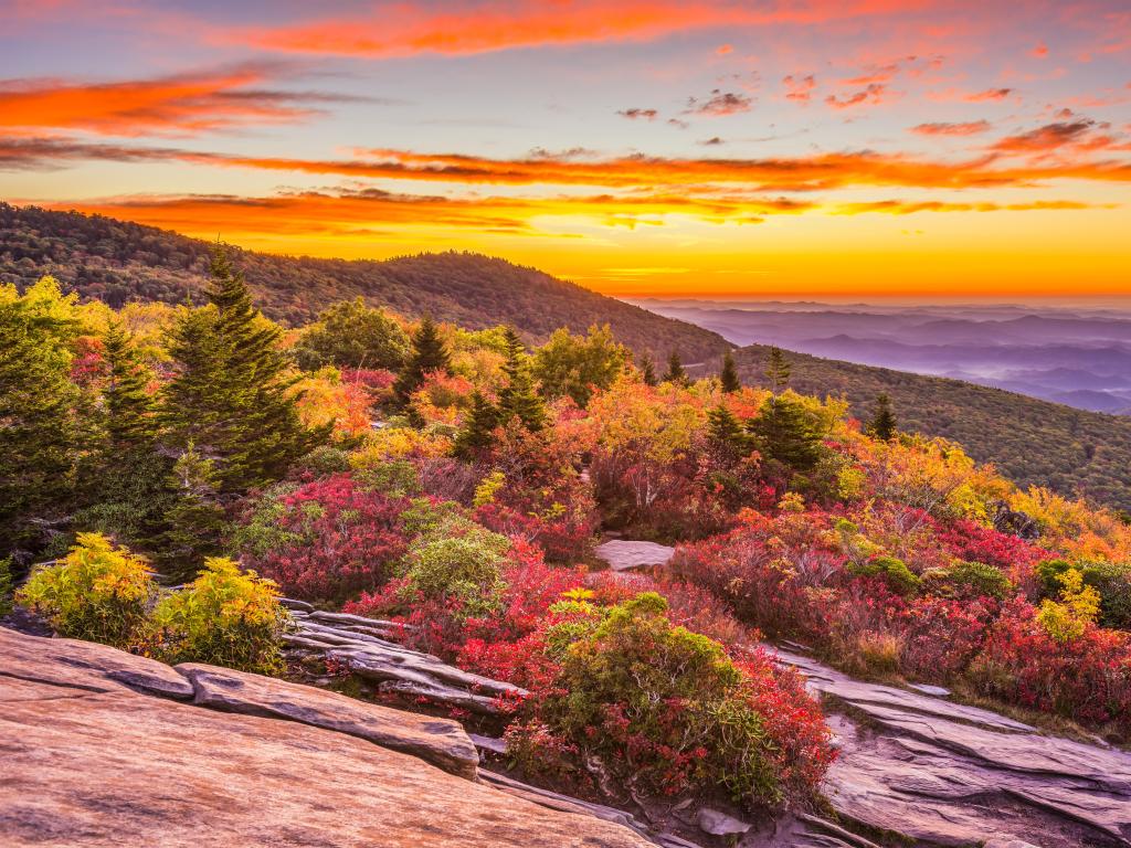 Yellow and orange sunrise during the fall at Grandfather Mountain, North Carolina