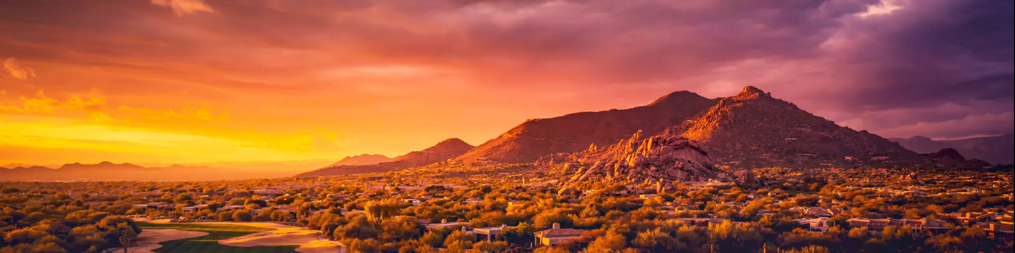 A panoramic view of the beautiful golden hour illuminating the desert of Scottsdale Arizona