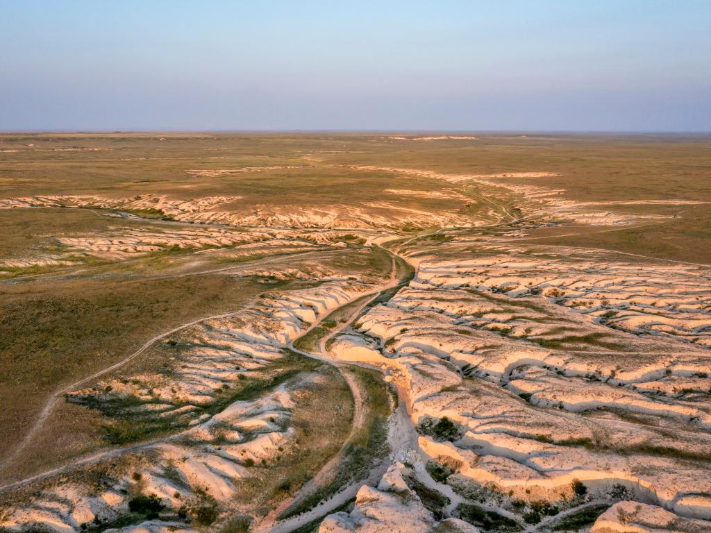 Pawnee National Grassland, Northern Colorado, USA taken at afternoon light over arroyo and badlands with a summer scenery aerial view of Main Draw area.
