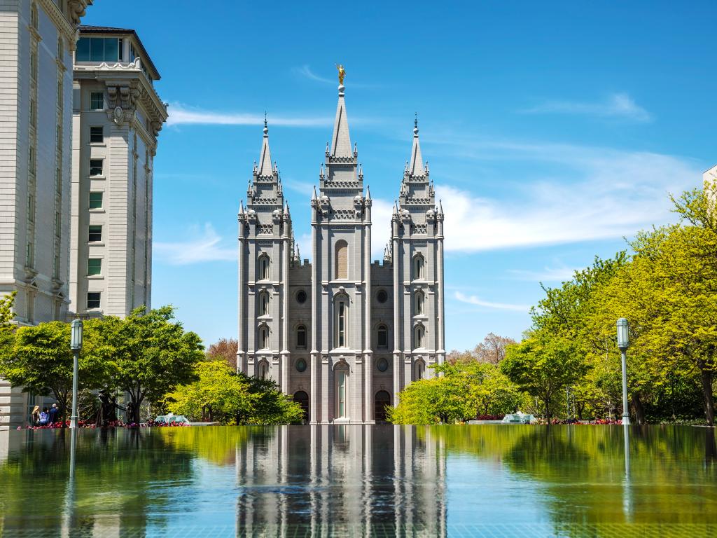 View of  the Salt Lake Mormon Temple from behind the Reflecting Pool in Salt Lake City, Utah