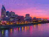 Nashville, Tennessee, USA skyline taken at early evening with pink skies.