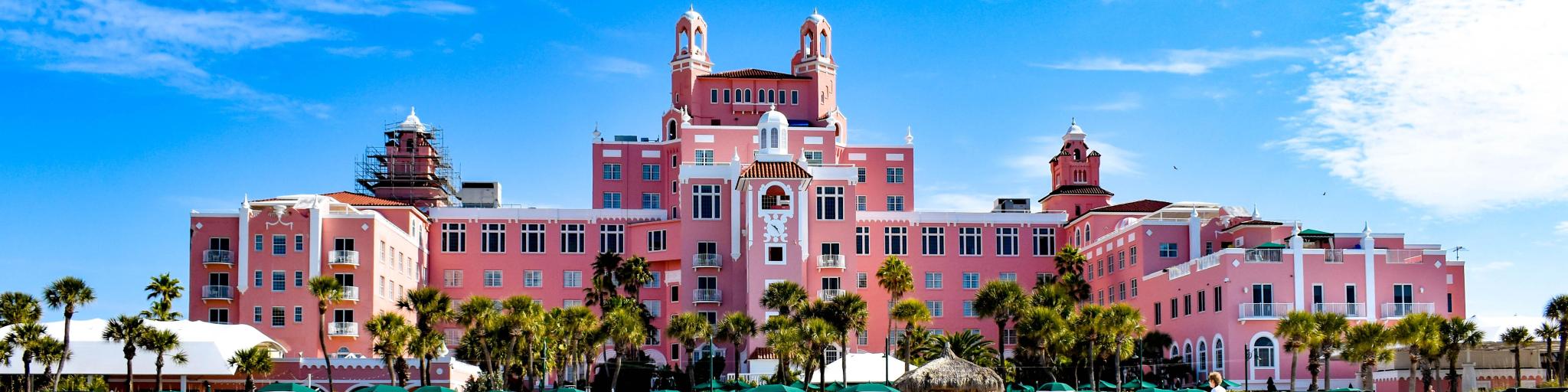  Panoramic view from the beach of The Don Cesar Hotel, white sand beach in the foreground