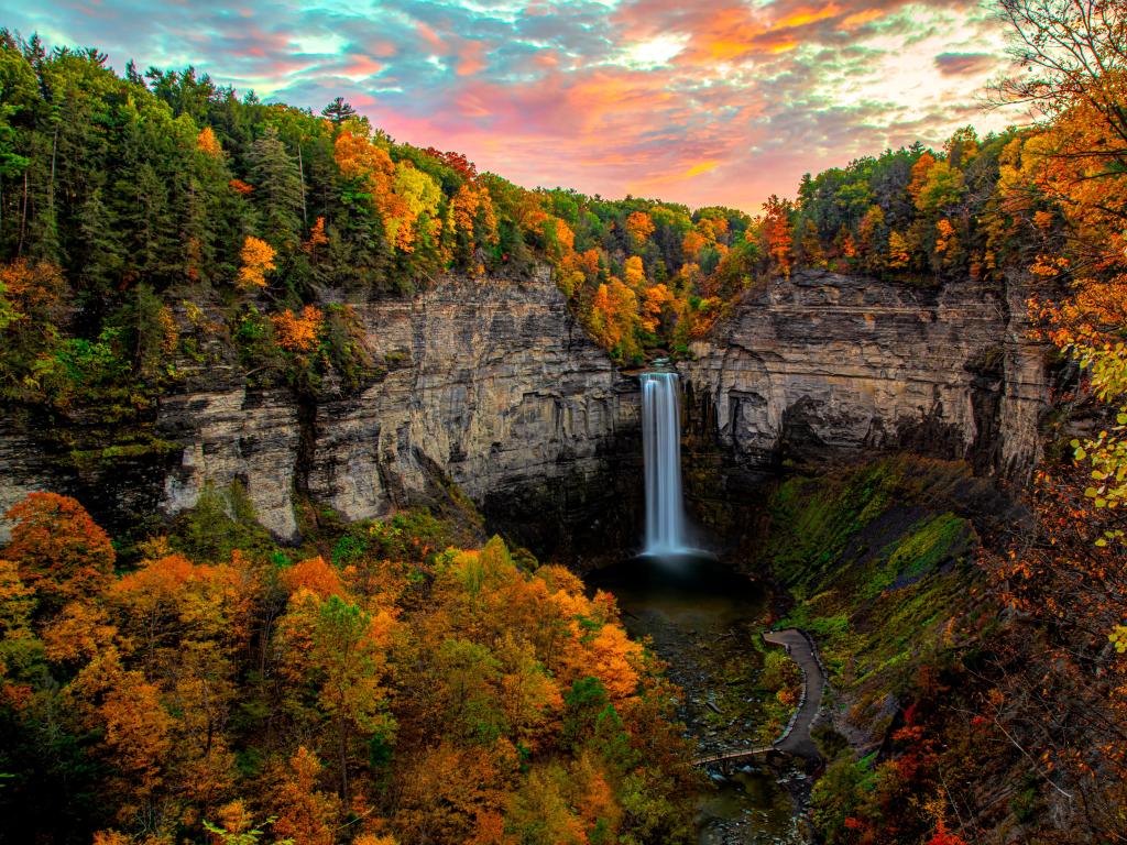Ithaca, New York, USA a scenic, autumn view of Taughannock Falls (waterfall) at Taughannock Falls State Park near Ithaca..