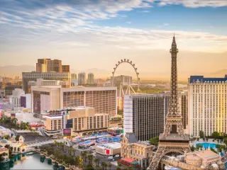 Las Vegas, Nevada, USA skyline over the strip at dusk.