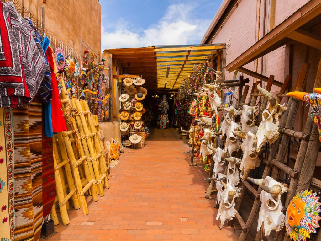 Santa Fe, New Mexico, USA market selling traditional southwestern goods.