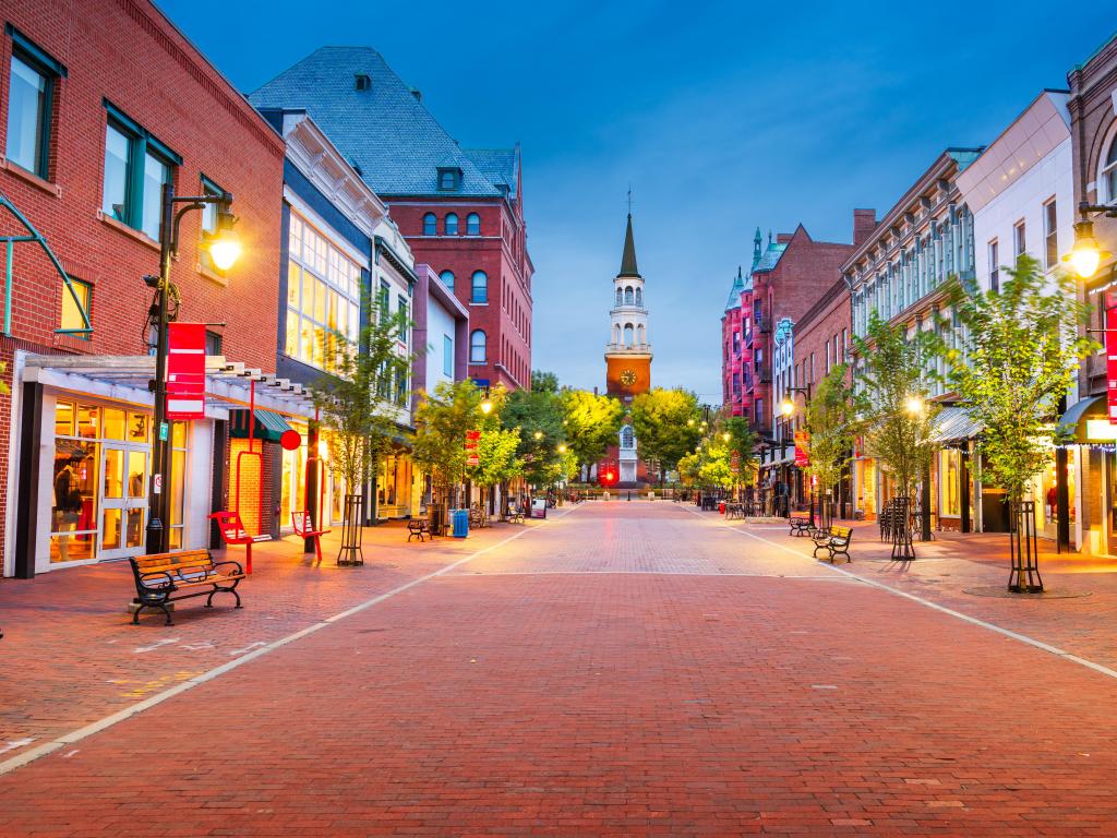 Burlington, Vermont, USA at Church Street Marketplace at twilight.