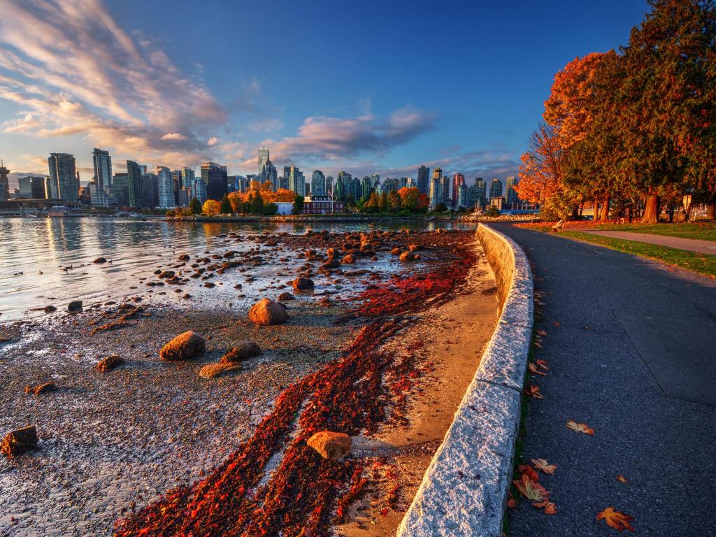 Pathway by the river with Vancouver skyline in the background