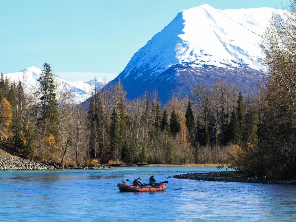 Kenai River in Cooper Landing Alaska fishing boat in fall
