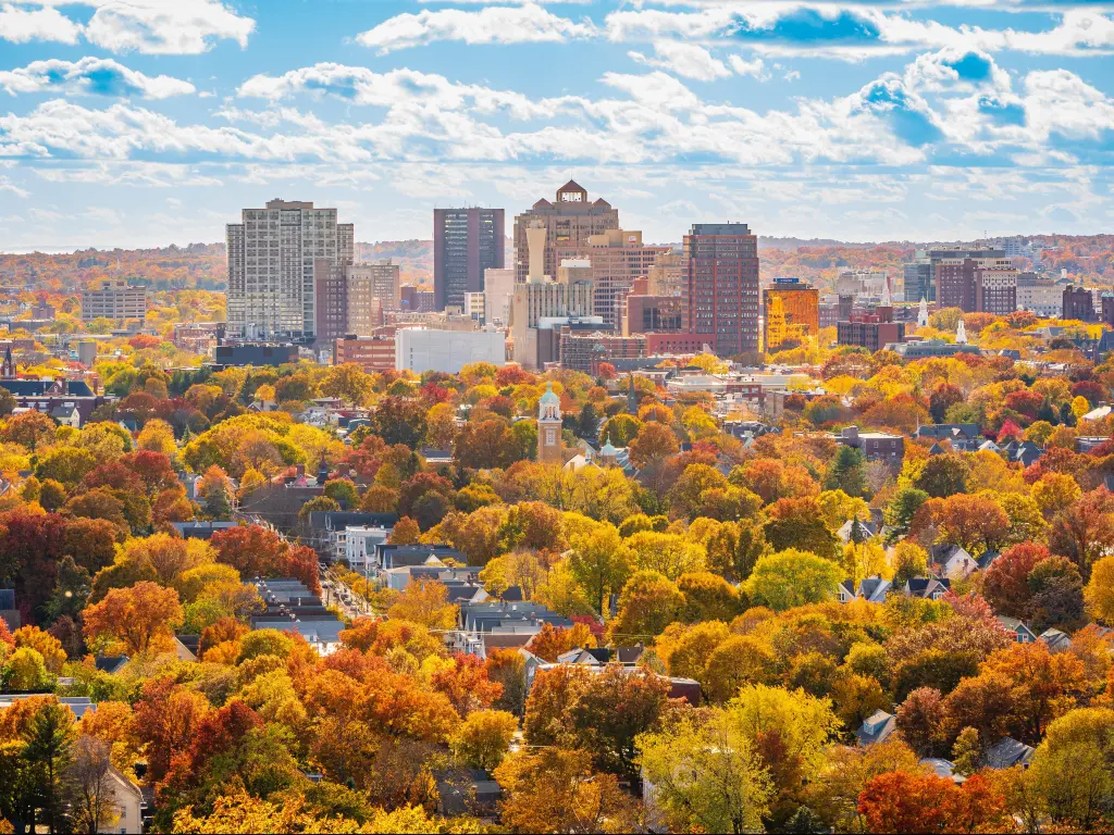 Beautiful fall views of New Haven and Yale University from the summit of East Rock Park.