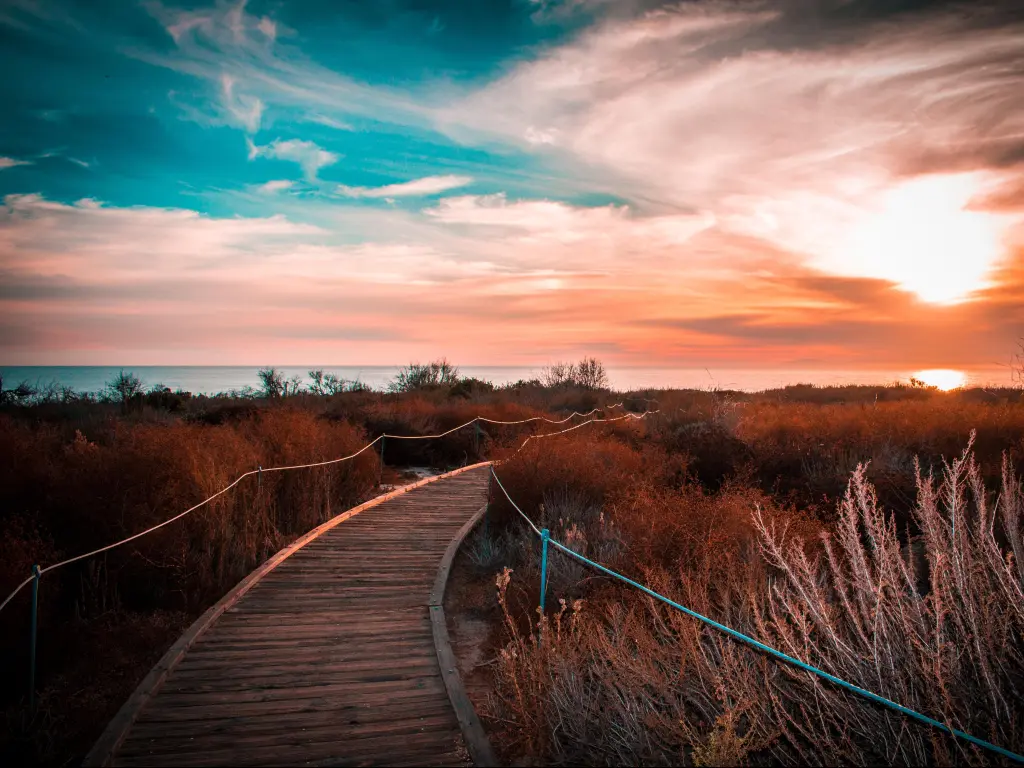 Crystal Cove State Park, California, USA with a boardwalk leading to grassy dunes and a sun set in the distance.