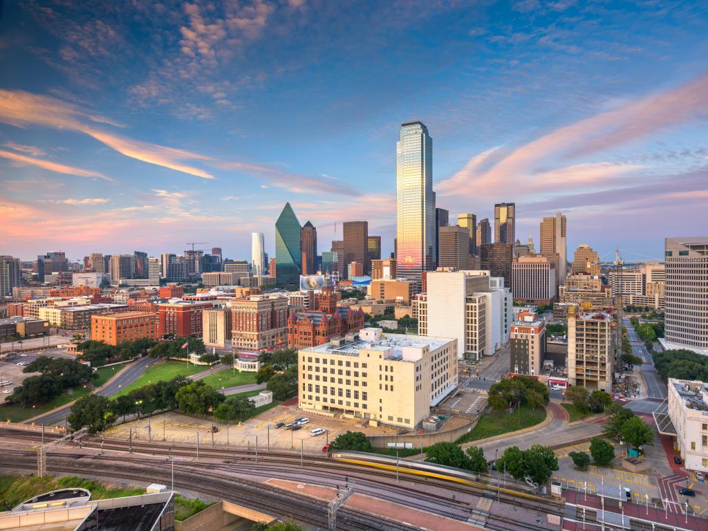 Dallas, Texas, USA skyline over Dealey Plaza at sunset.