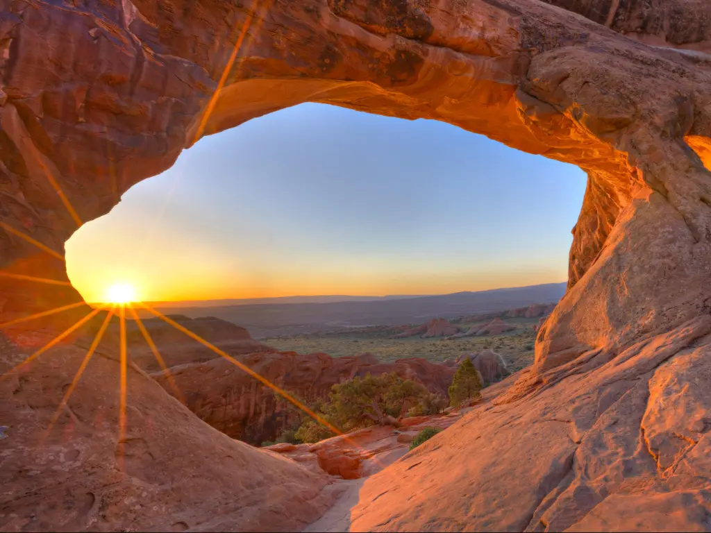 Arches National Park, Utah, USA taken at sunrise at Partition Arch, looking the the park into the distance.