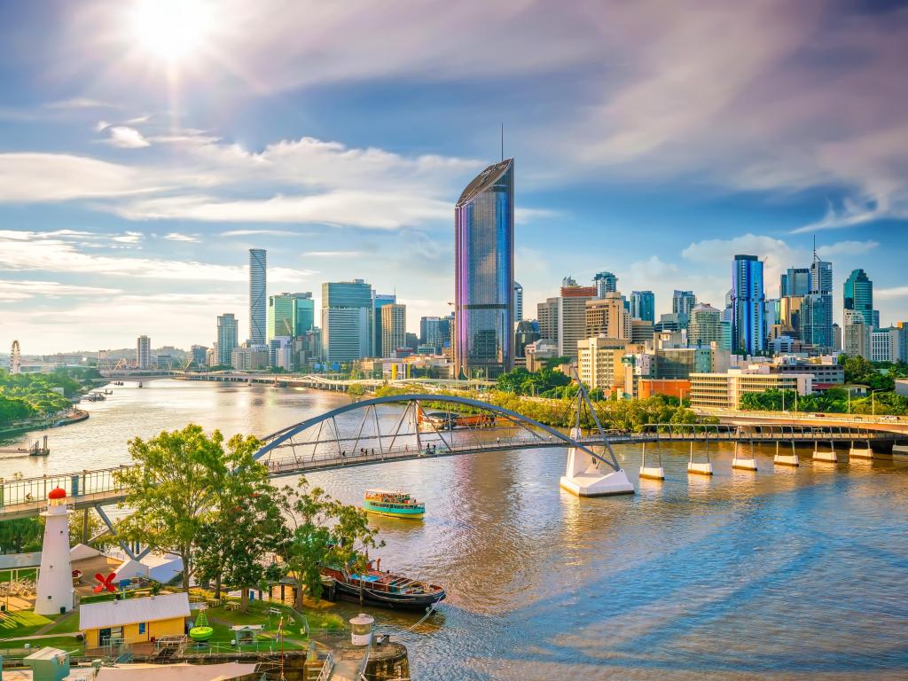 Brisbane city skyline and Brisbane river at sunset in Australia