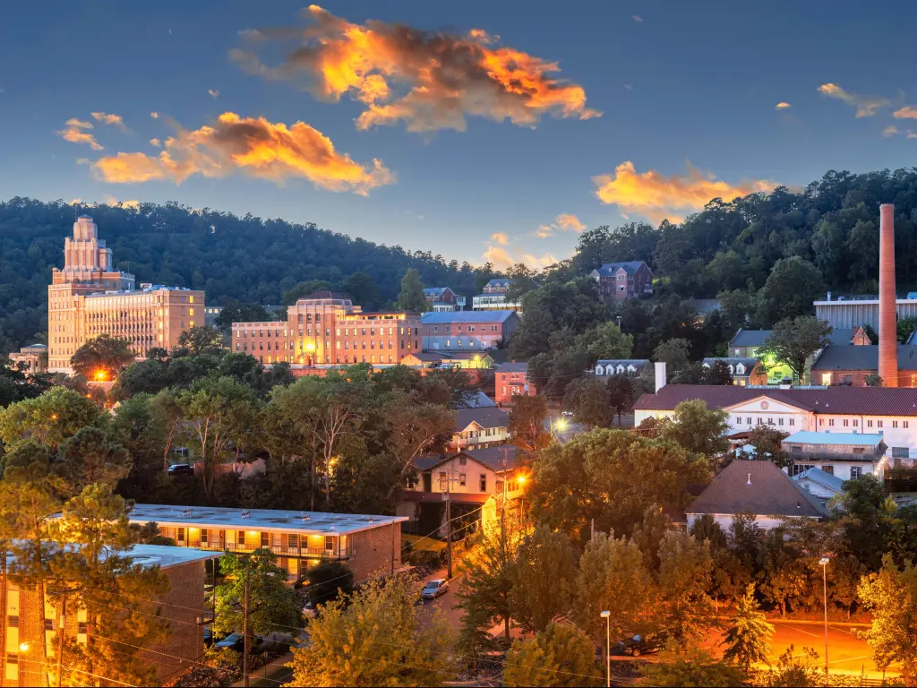 Hot Springs, Arkansas, USA townscape at dusk in the mountains.