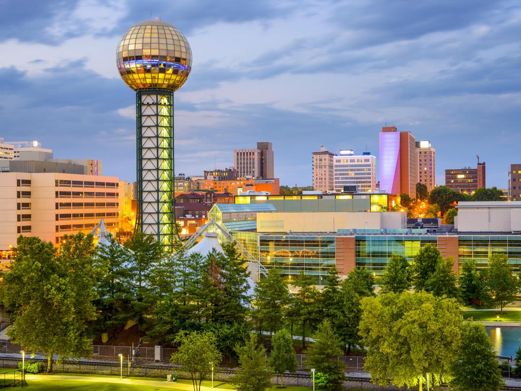Knoxville, Tennessee, USA city skyline at World's fair Park at early evening.
